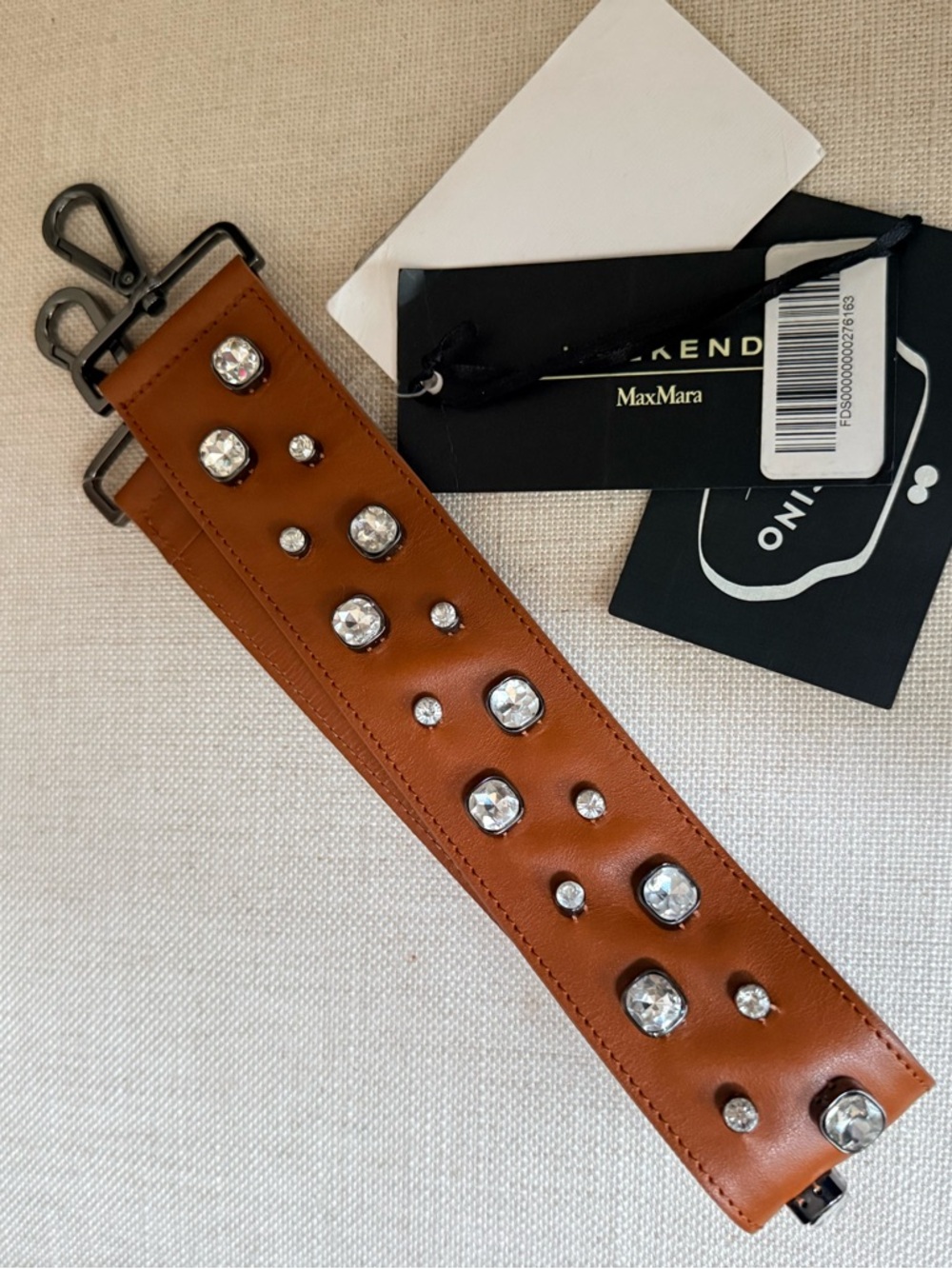Weekend Max Mara Leather Studded Bag Strap Tobaco Crystal Embellished - Picture 2 of 6